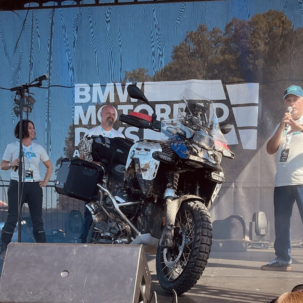 BMW Brand Ambassador and Expert Shawn Thomas and Louise Powell unveiling the BMW R1300 GS Adventure at Barber Vintage Fest